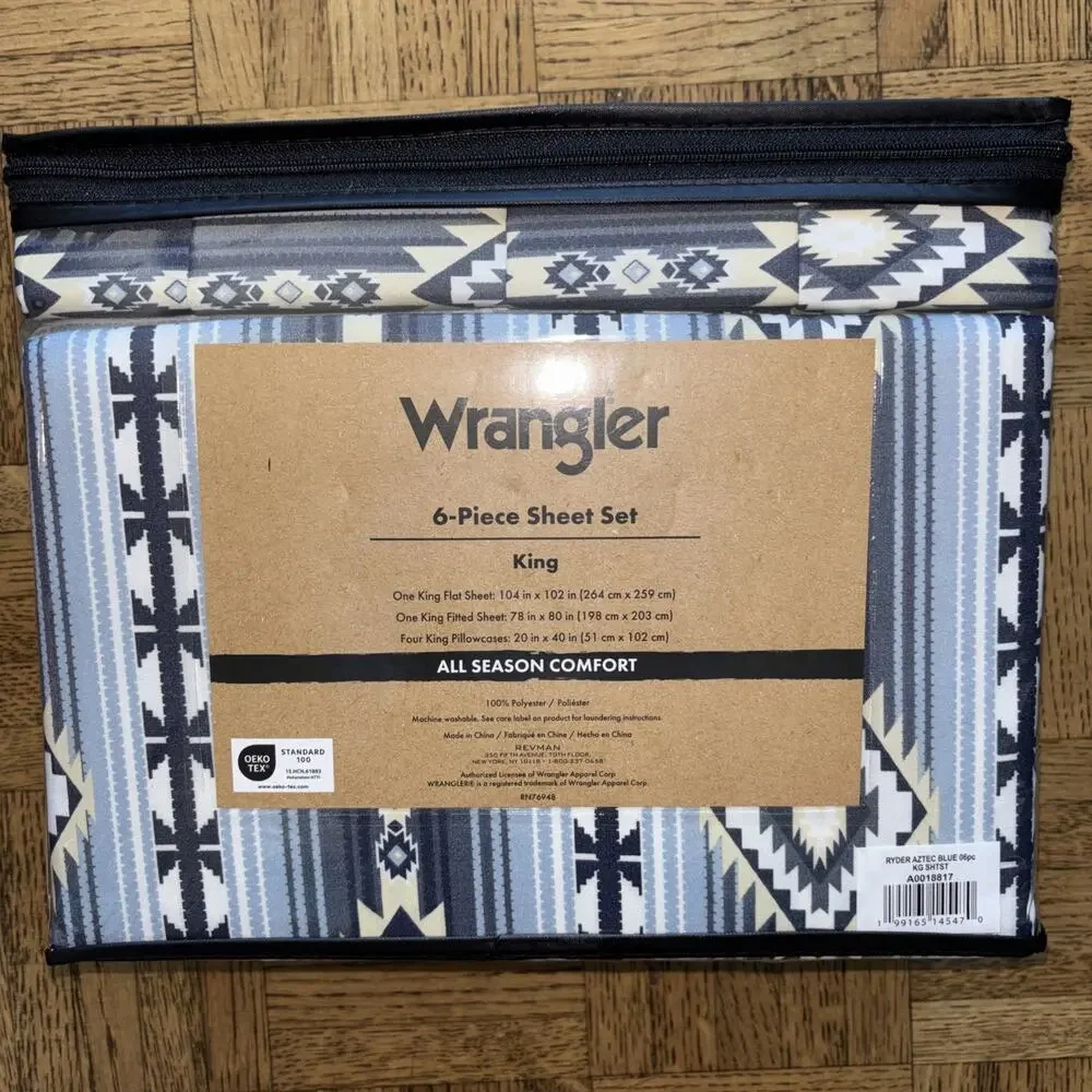 Wrangler KING Ryder Aztec Blue Southwestern Geometric Sheet Set 6 pc Cowboy NEW